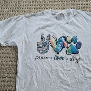 Blue and White Short Sleeve Tee with Peaceful Dog Design